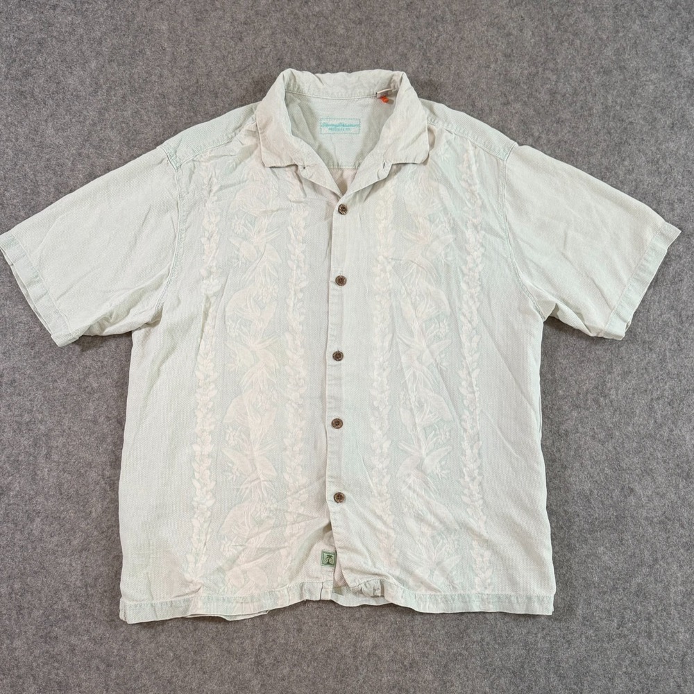 Tommy Bahama Sky Blue Silk Embroidered S/S Button Down Shirt Men's Size‎ XL